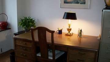 Bedroom desk w. lamp    green plant  1 