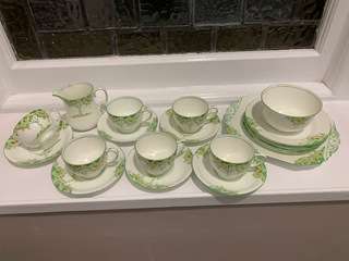 Green and white 5 set tea set with milk sugar plate and cup