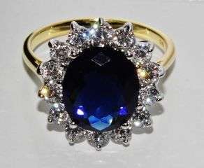 9ct yellow gold   silver blue sapphire princess diana large cluster ring size p code 35