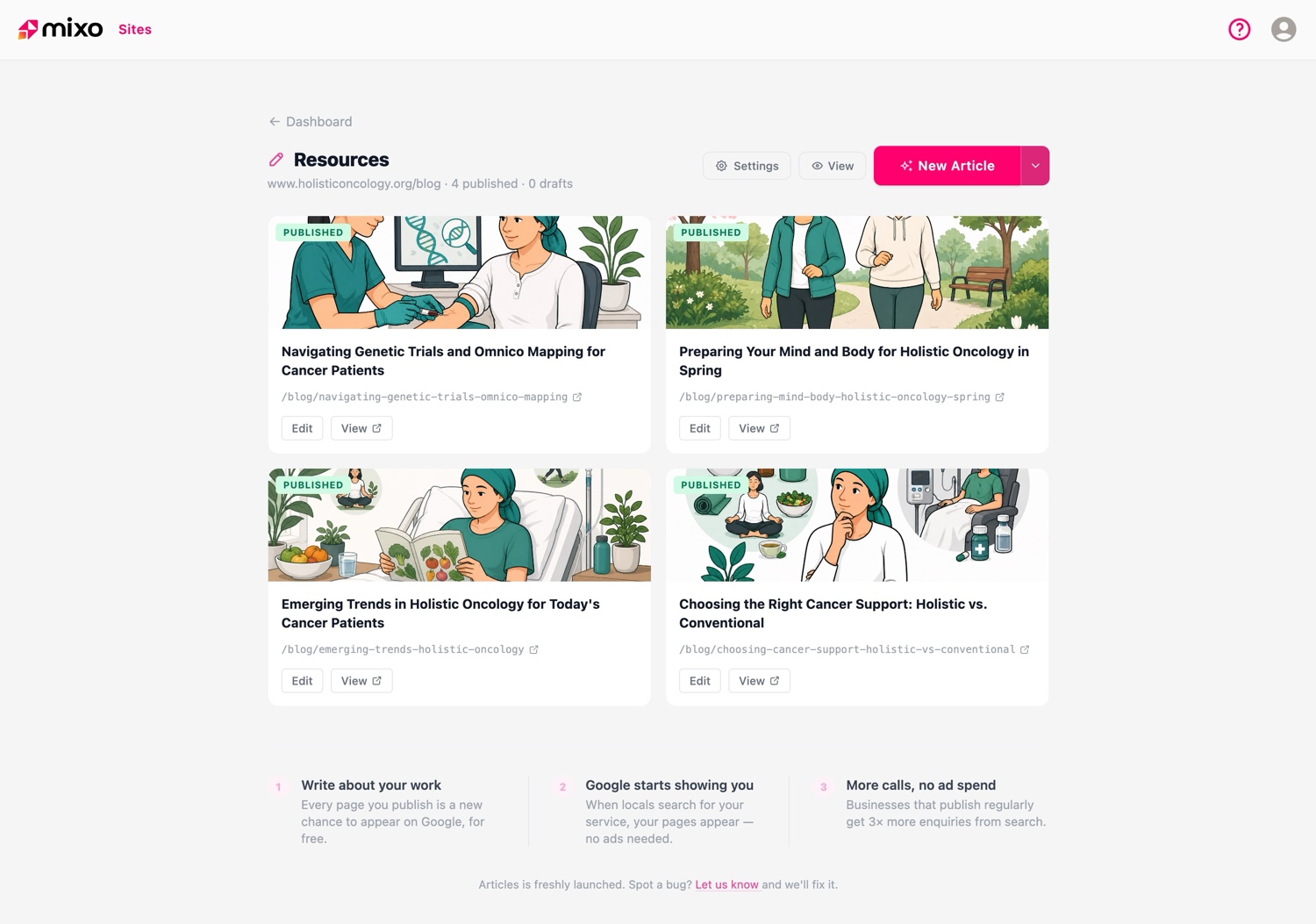 Mixo's built-in blog feature with unlimited articles included on paid plans.