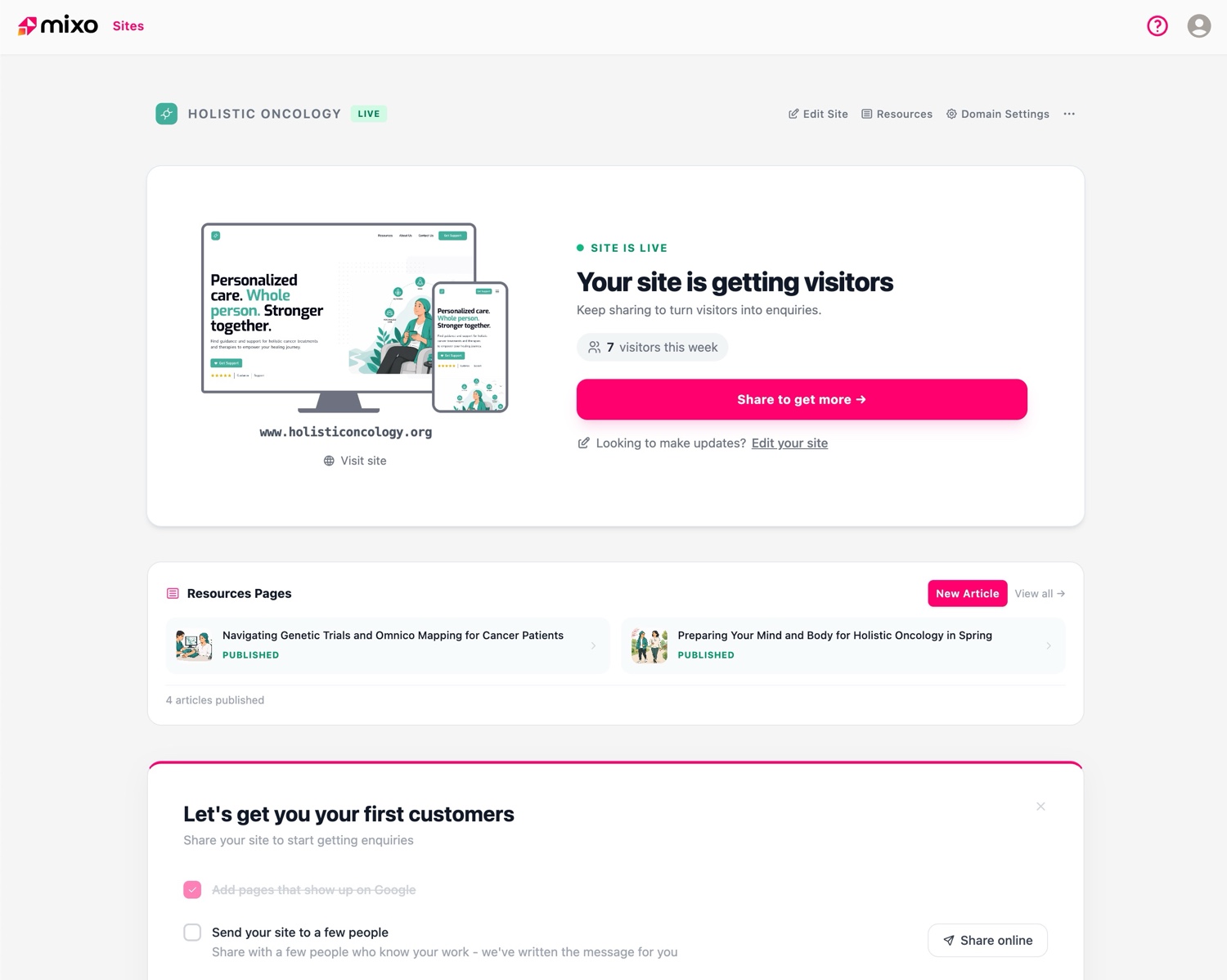 Mixo AI website builder generating a professional site for a local service business in seconds.