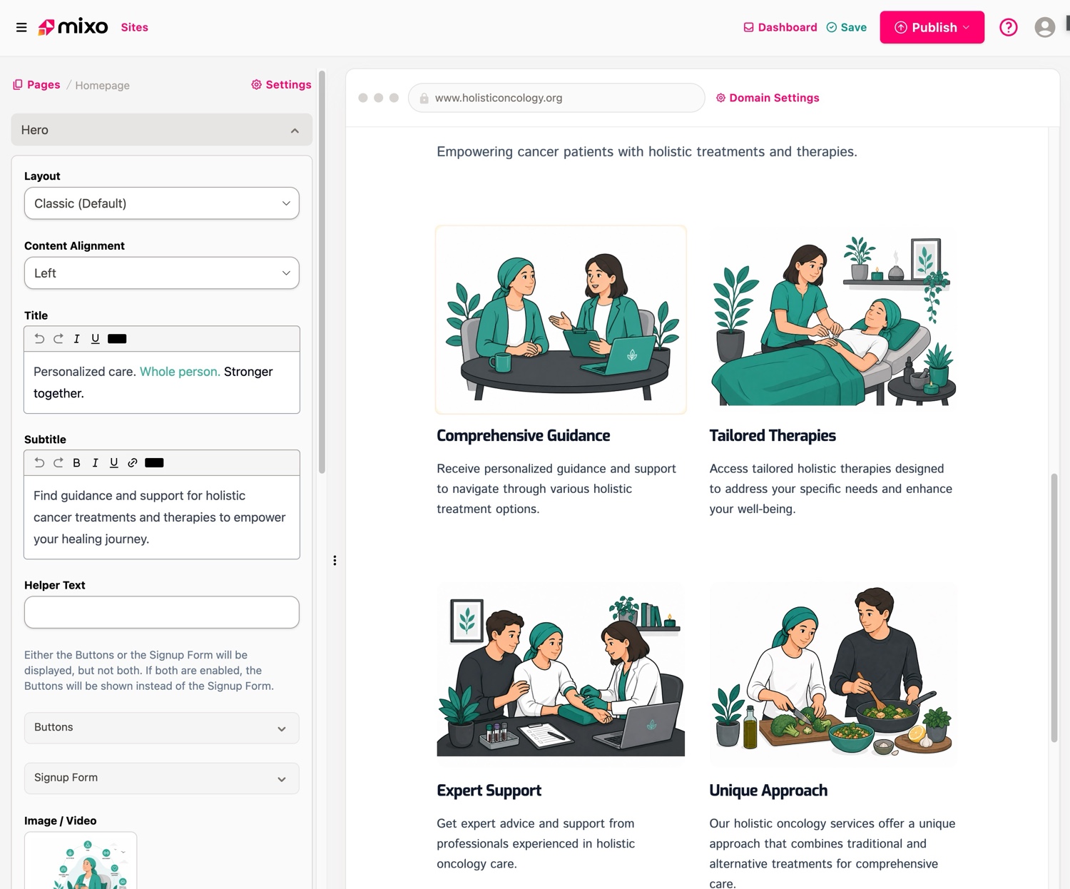 Mixo's intuitive website editor showing how easy it is to customize your AI-generated site.