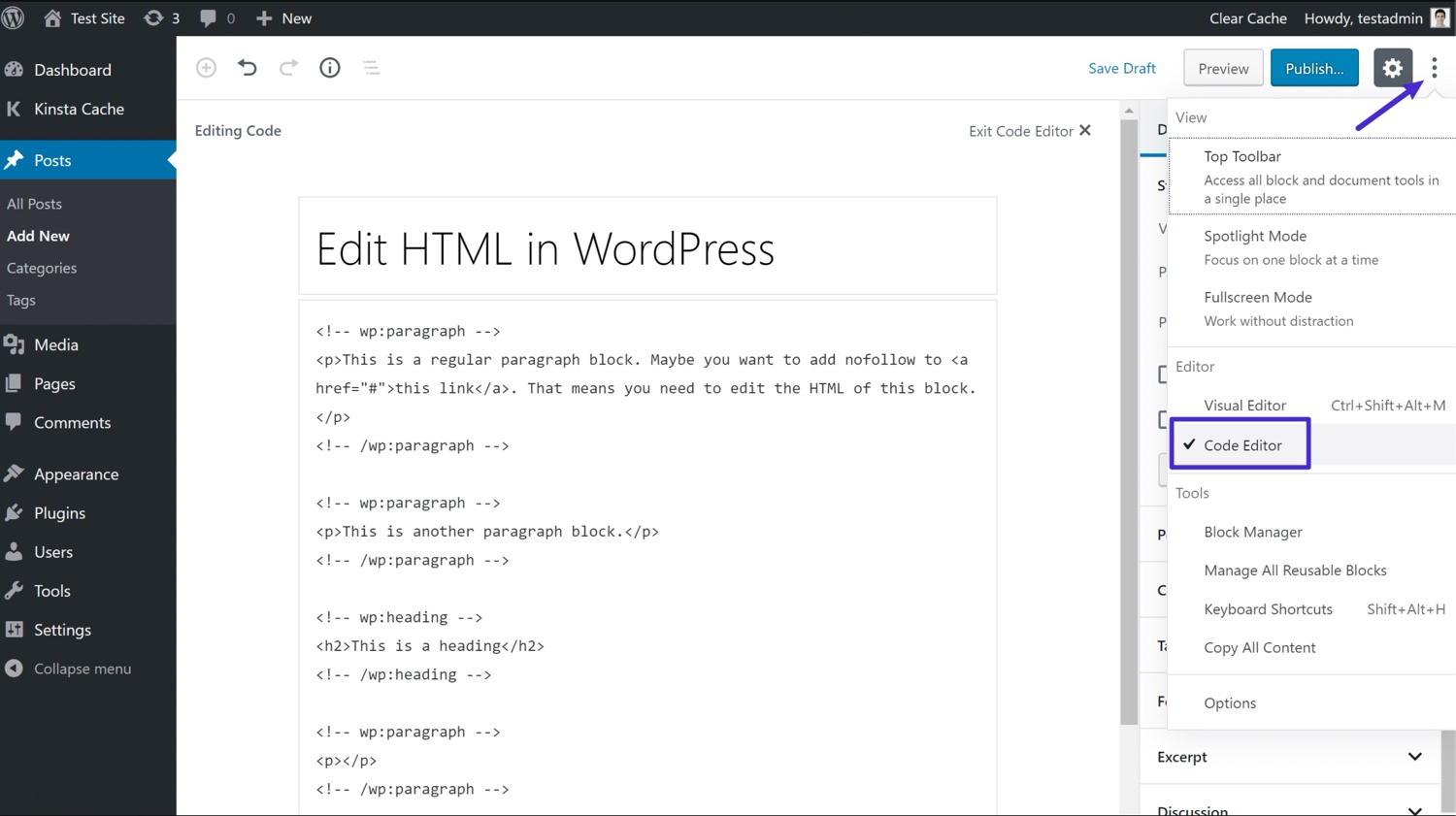 WordPress.com editor dashboard showing the content management interface.