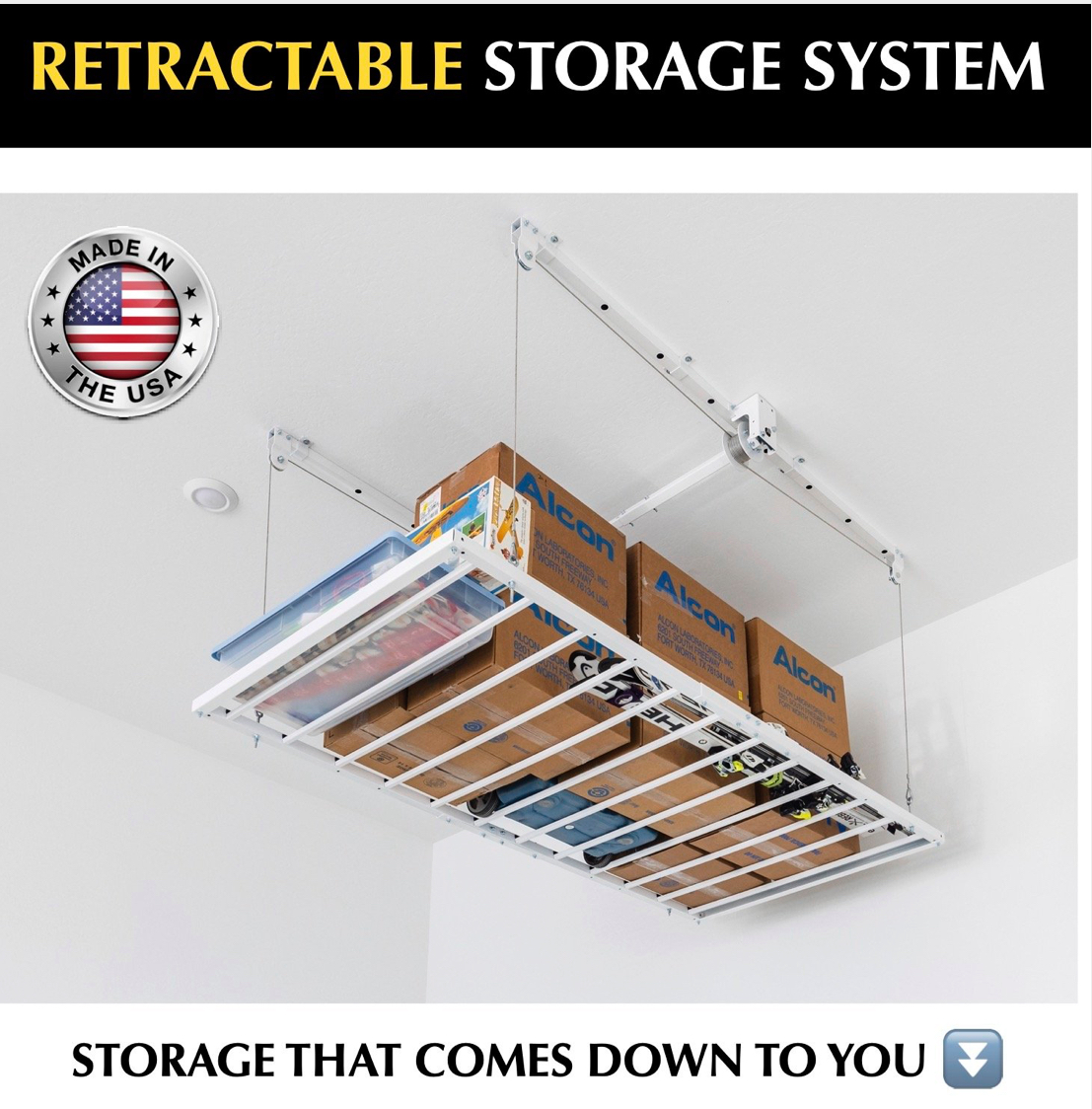 The Maximize Your Garage Space Ceiling Storage Lift comes with free shipping, a lifetime guarantee, and is proudly made in the USA. It is a reliable and long-lasting solution to declutter and organize your garage effectively.