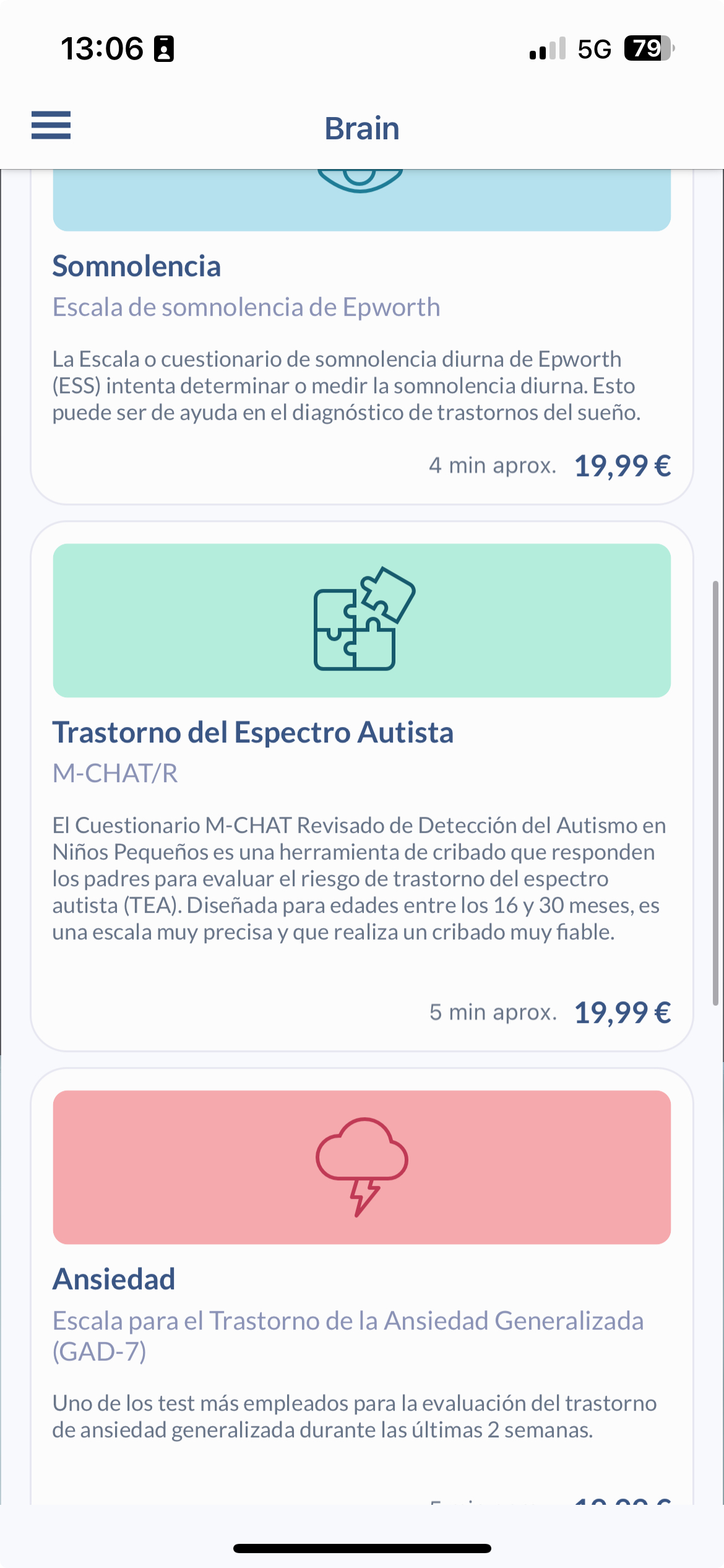 <h3>2. Selección de Test:</h3><p>A continuación, deberás seleccionar el test que deseas realizar. Entre las opciones disponibles están: demencia, depresión, somnolencia, ansiedad, TDAH y Autismo.</p><p>Te aparecerá el nombre del test, una breve descripción del mismo, el tiempo que vas a tardar en completarlo y el precio.</p>