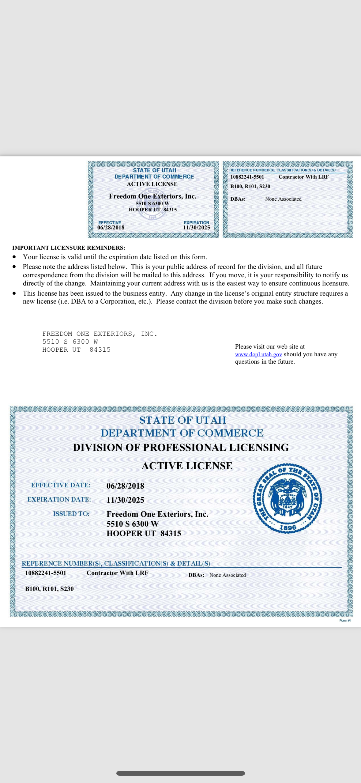 <span><span style="color:#858585">Is Freedom One Exteriors licensed and insured?</span></span>