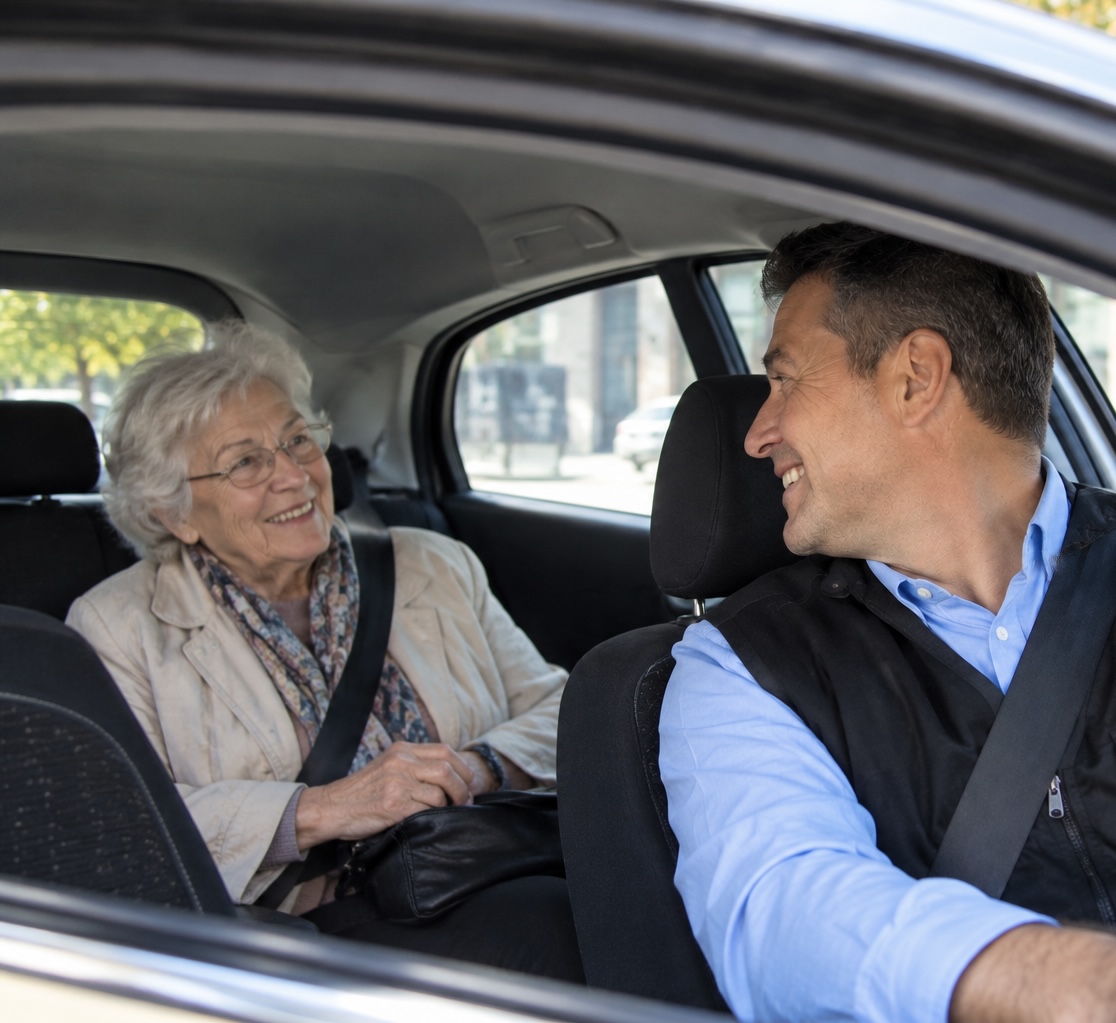 Ein Fahrer hilft einem Passagier beim Einsteigen in ein Fahrzeug