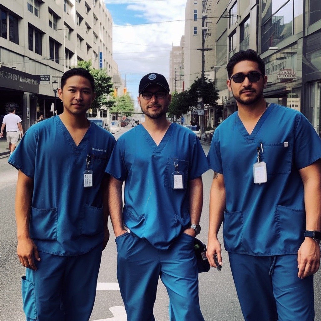 Three male nurses in blue scrubs standing confidently on a city street, with hospital ID badges visible, embodying professionalism outside the clinical environment