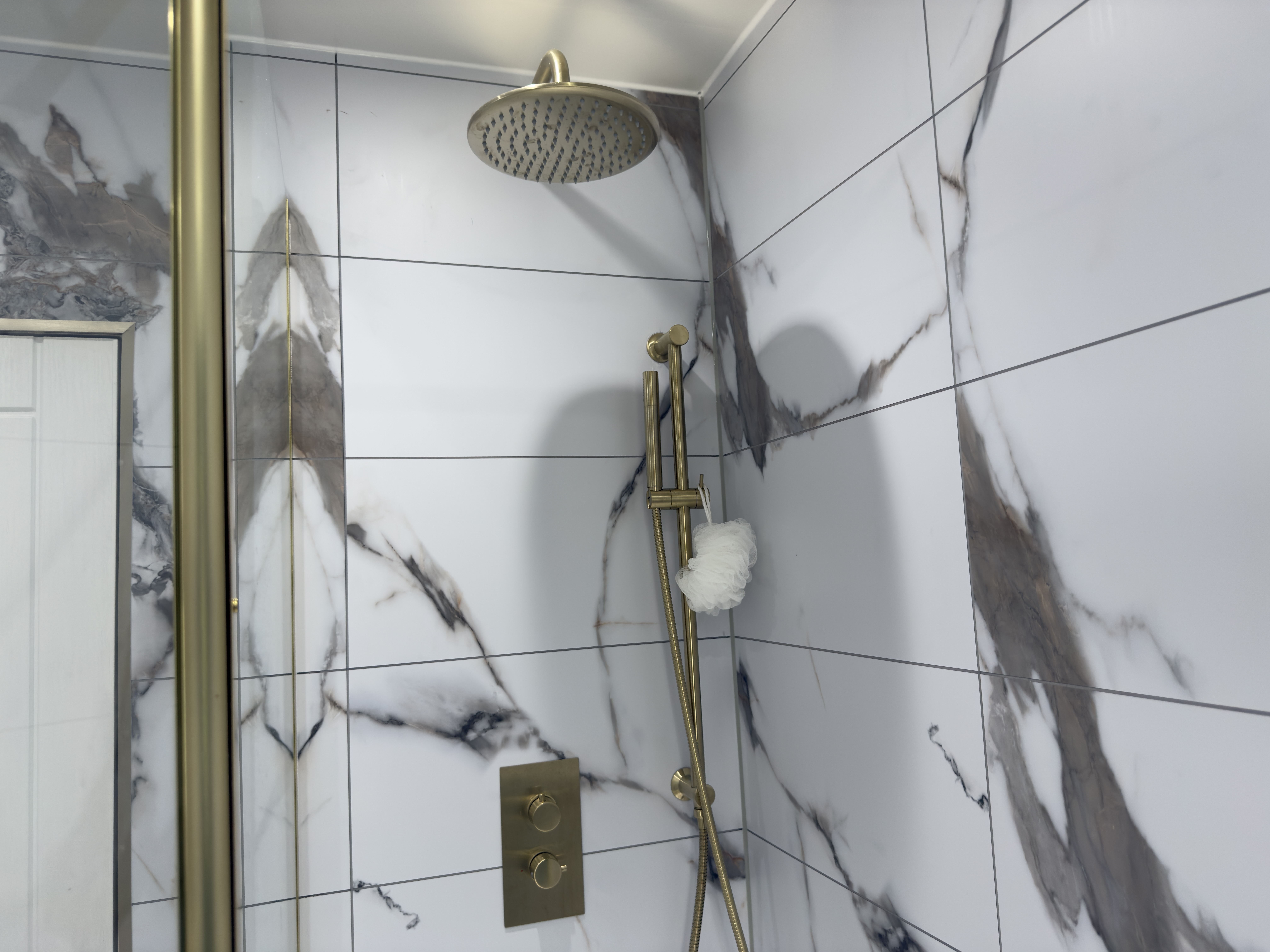 Brushed brass showerhead and fittings