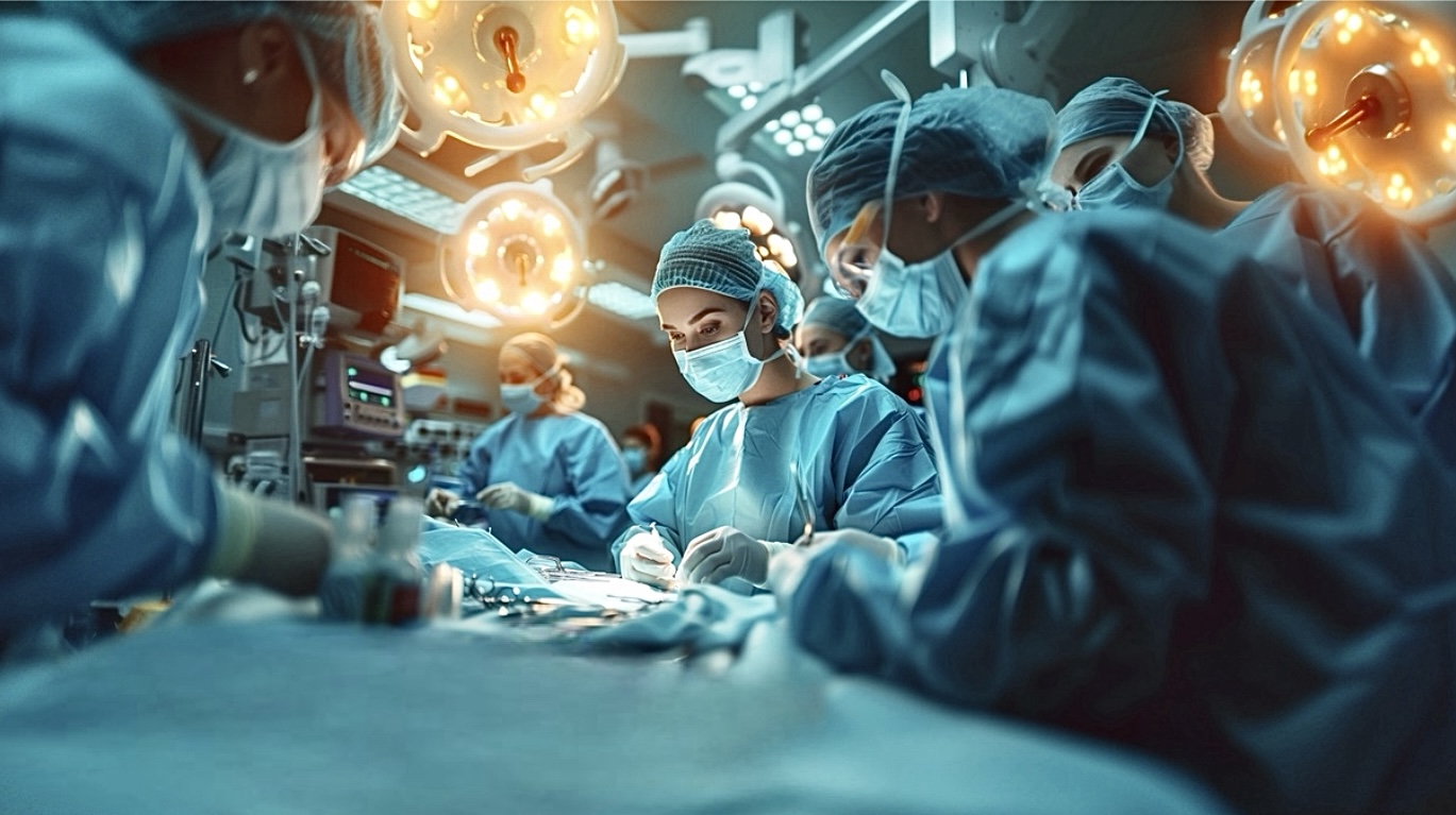 Focused surgical team operating in a well-equipped operating room with bright surgical lights, all wearing blue surgical gowns, masks, and caps.