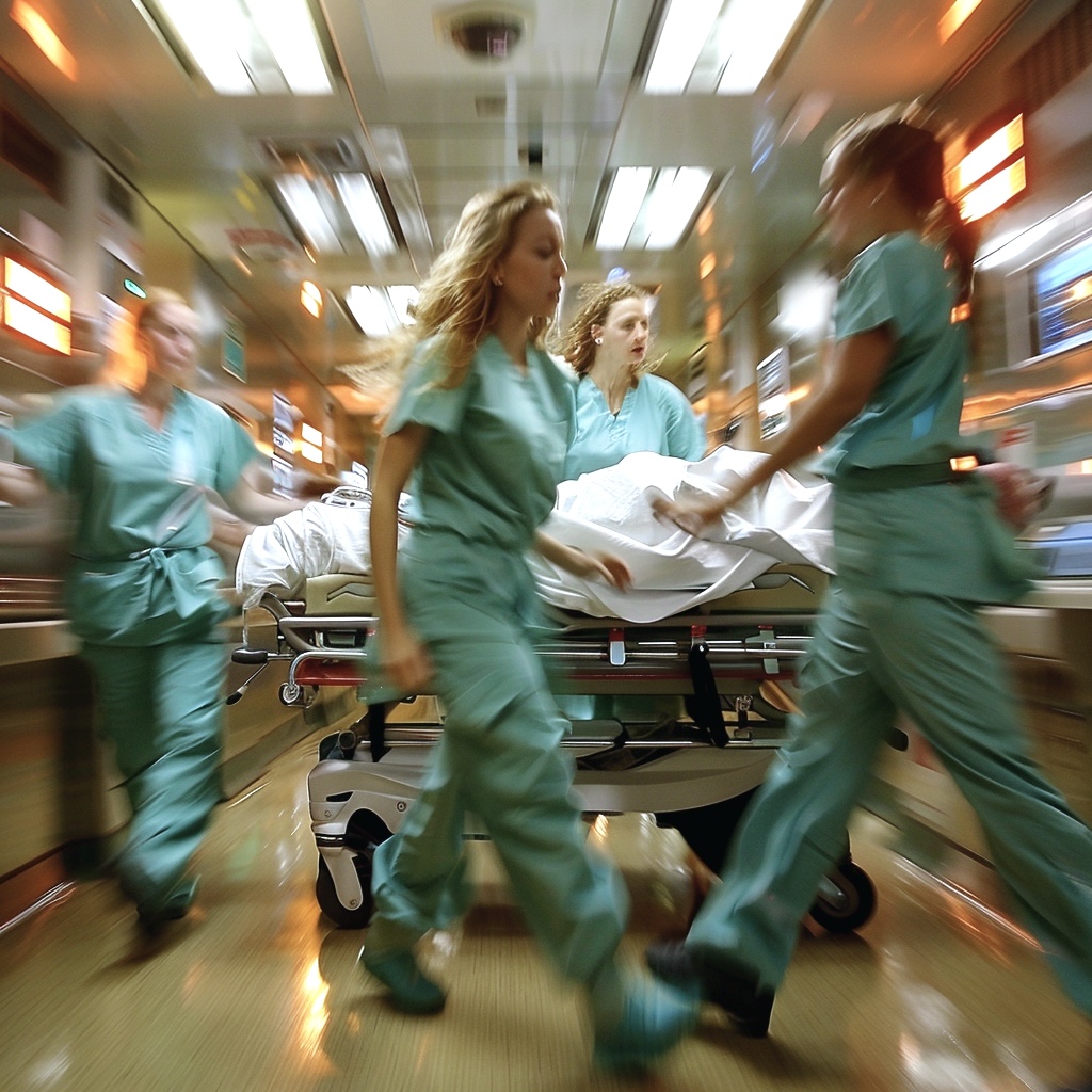 Motion-blurred image of a medical team in teal scrubs rapidly transporting a patient on a stretcher through a hospital corridor