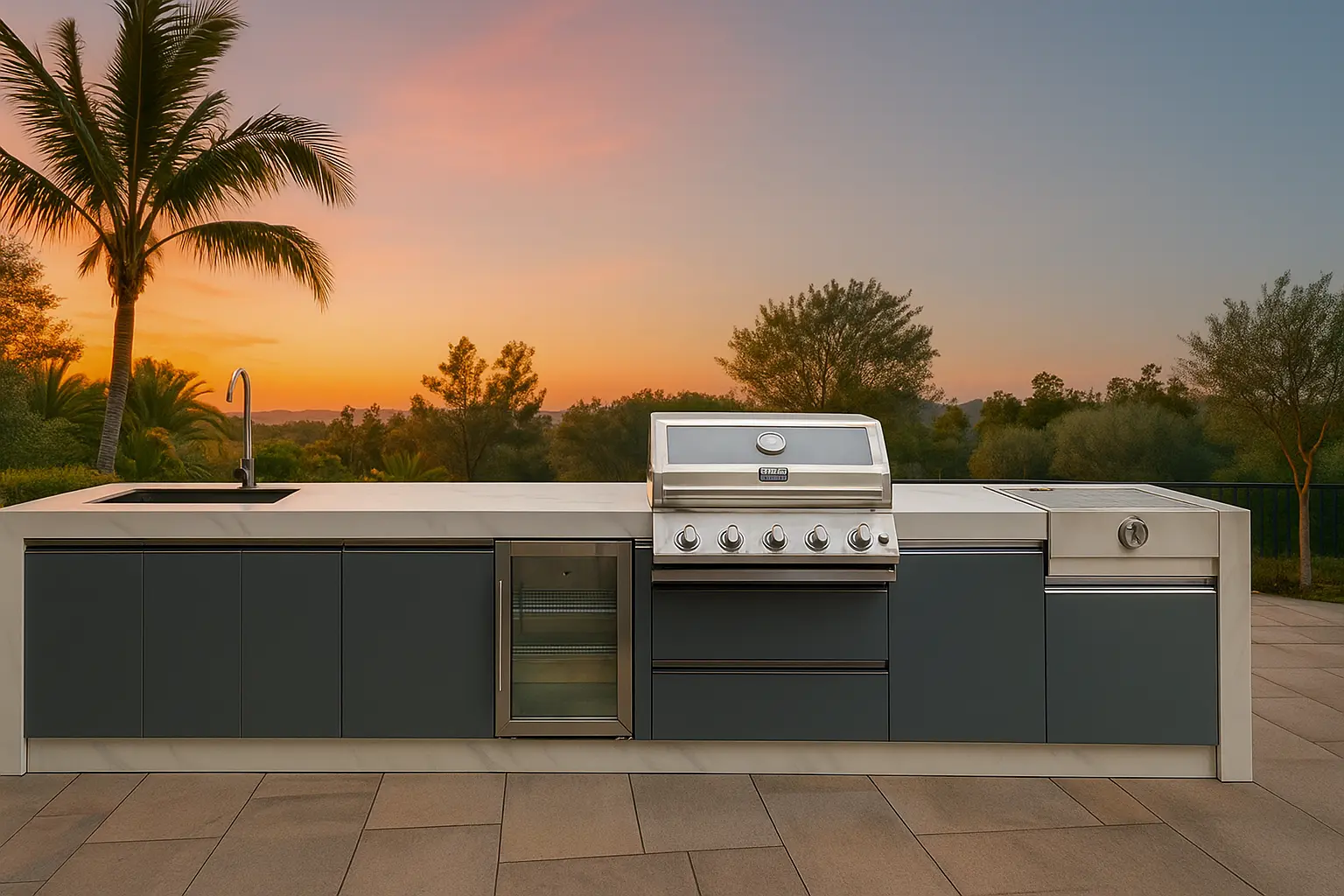 Outdoor BBQ Island with Built-In Grill – Perfect Backyard Kitchen for Hosting