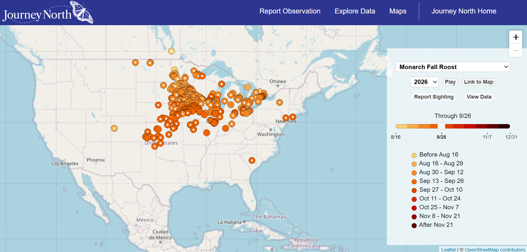 Journey North Map of Monarch Fall Roost Observations in 2026