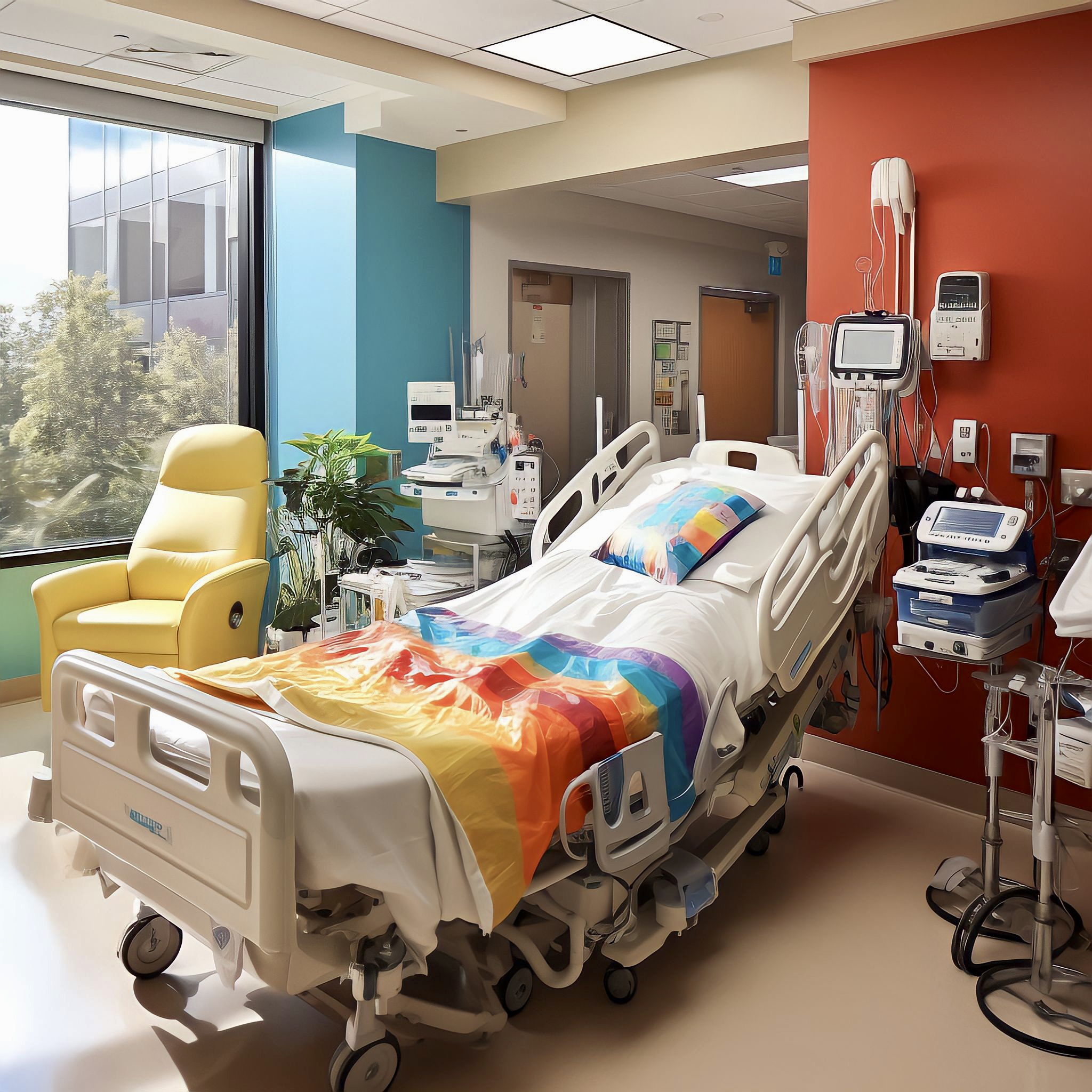 Medically accurate hospital room with a patient bed, yellow recliner, and various medical devices, including a heart rate monitor, IV stand, and ventilator, by a large window with a view of trees
