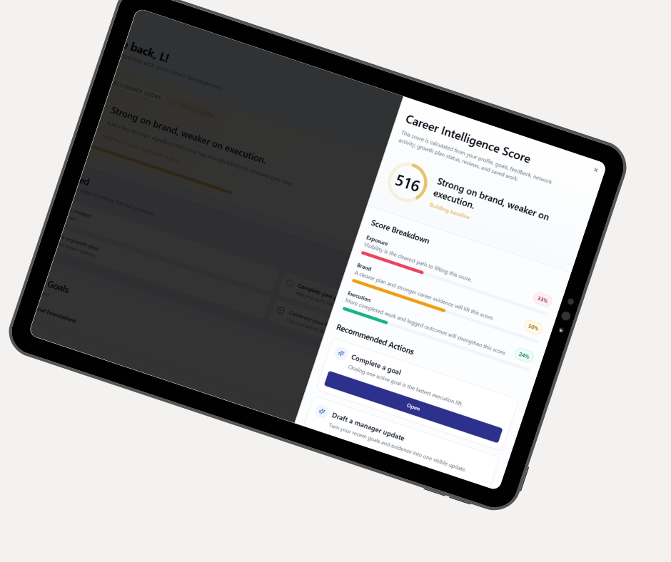 <h1>Measure Career Momentum<span style="color:rgb(var(--color-secondary))">.</span></h1><p>Employees receive a personalized Career Intelligence Score™ — a snapshot of skills, accomplishments, and growth — helping them track progress, set goals, and unlock new opportunities, all sponsored by your organization.</p>