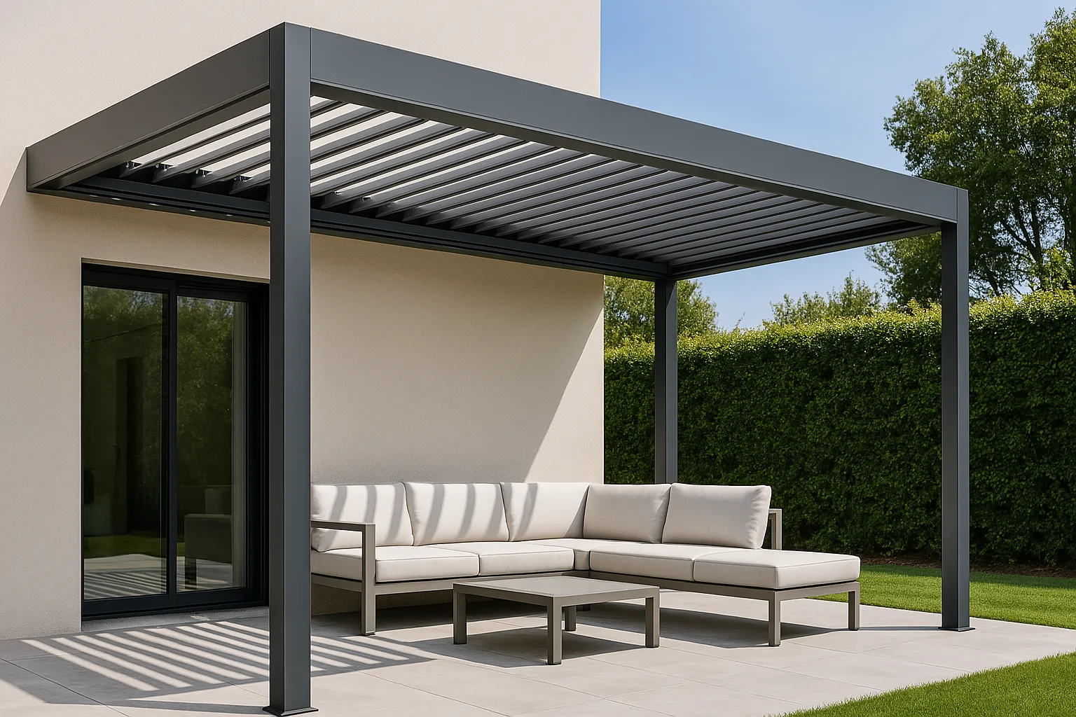 European-style smart pergola installed on a modern patio with motorized shade in the GTA.
