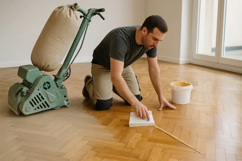 Brúsenie, tmelenie a 3 x lakovanie parkiet