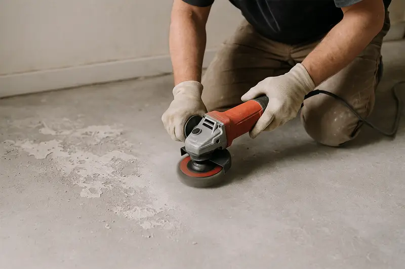 Prebrúsenie podkladu pred niveláciou od lepidla - smoly