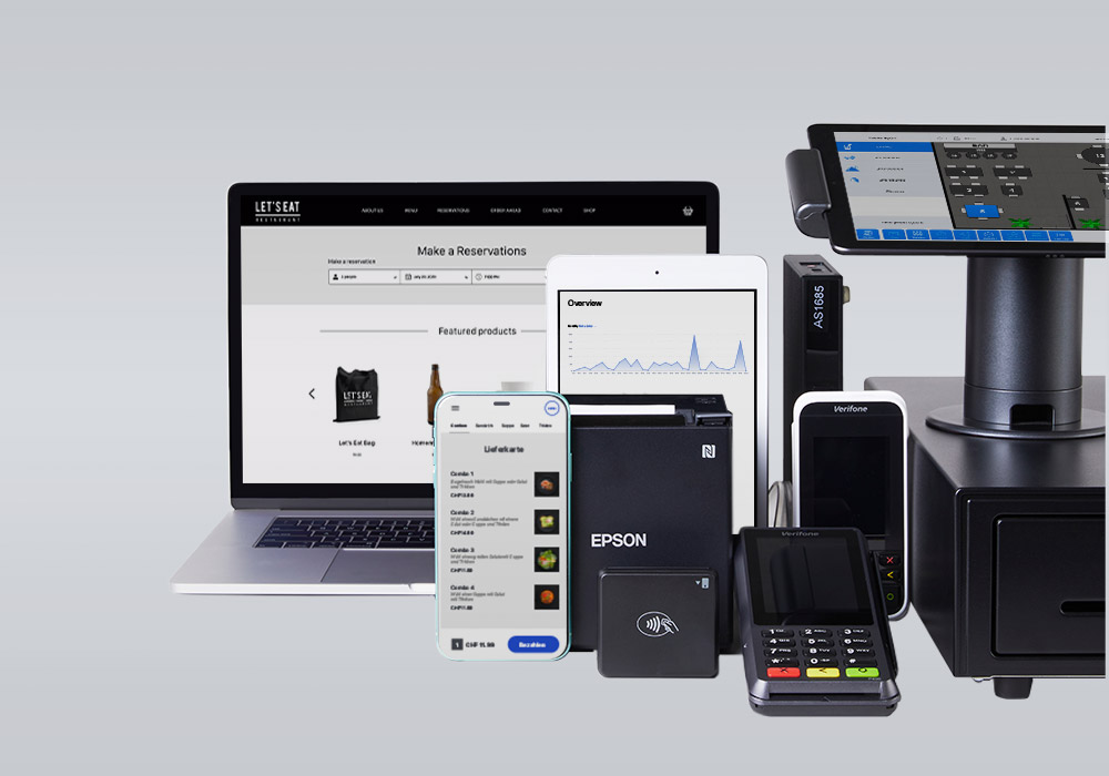 Lightspeed Kassensystem Technologie-Sammlung: Laptop, iPhone, Drucker, Kartenleser, iPad Kassensystem auf Ständer