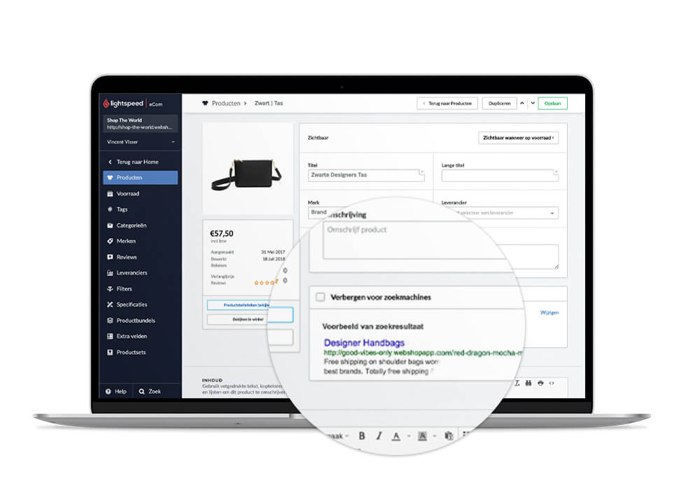 Onlineshop Interface für SEO Optimierung auf einem Laptop