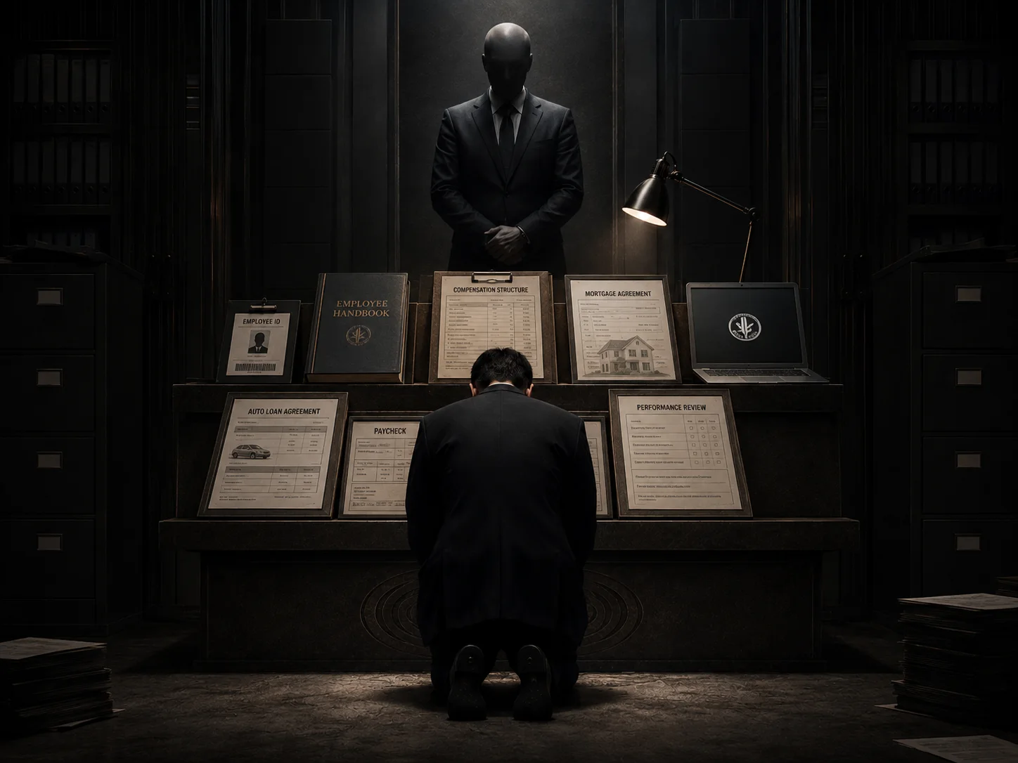 A salaryman kneeling before corporate papers and a faceless superior