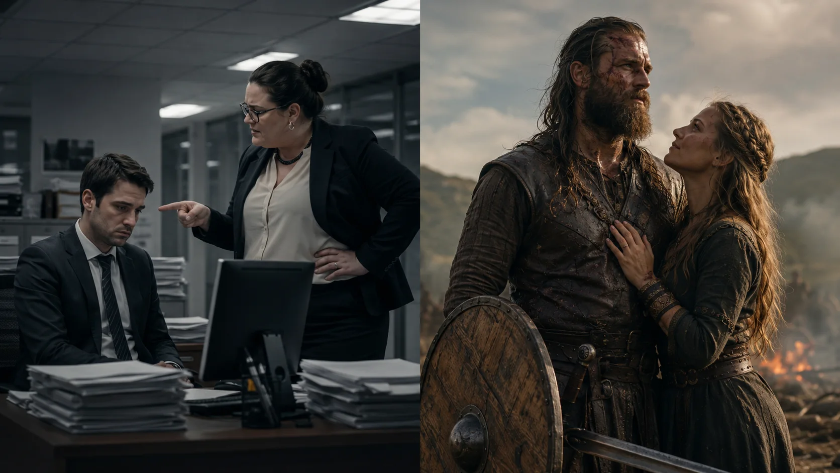 A humiliated office worker contrasted with a man standing beside a woman in open country