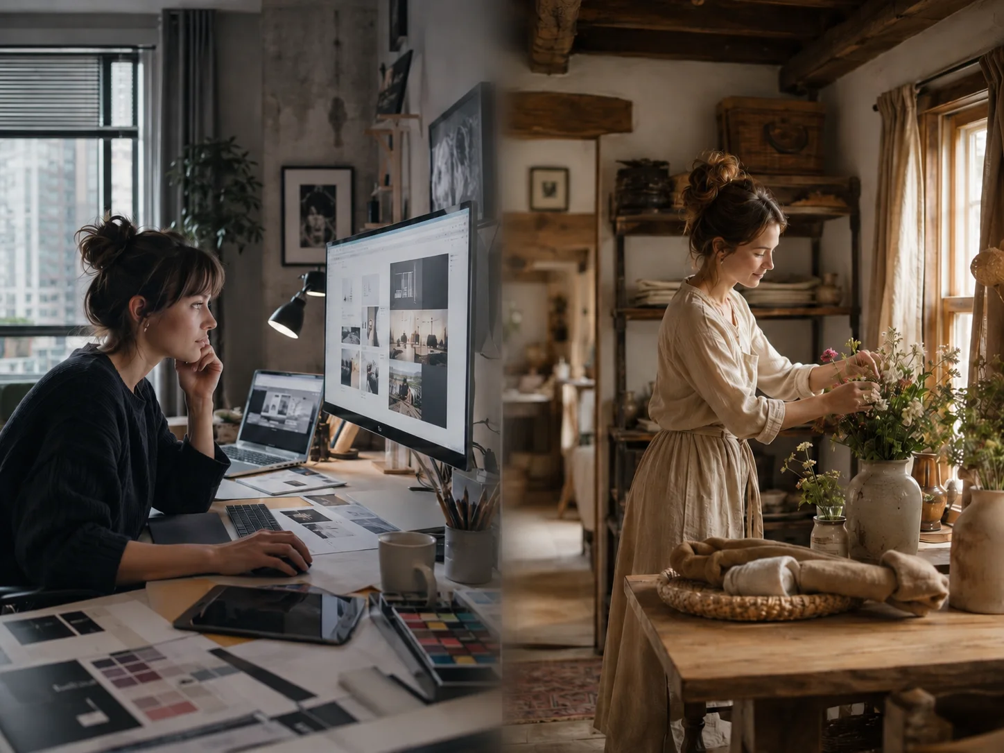 A woman at a city desk contrasted with a woman arranging flowers in a warm country home