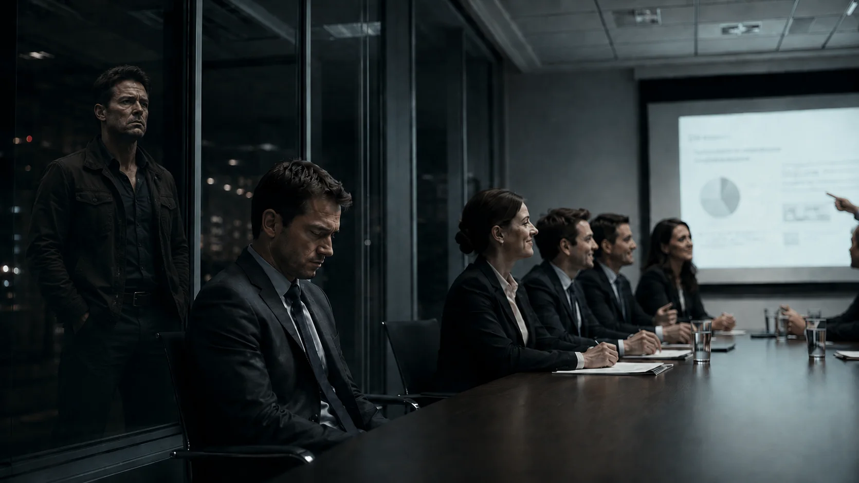 A corporate meeting where one uneasy man sits apart from smiling compliant colleagues