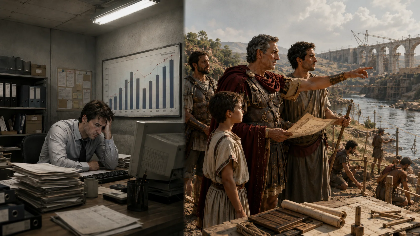 An exhausted office worker contrasted with commanding men directing a great construction project