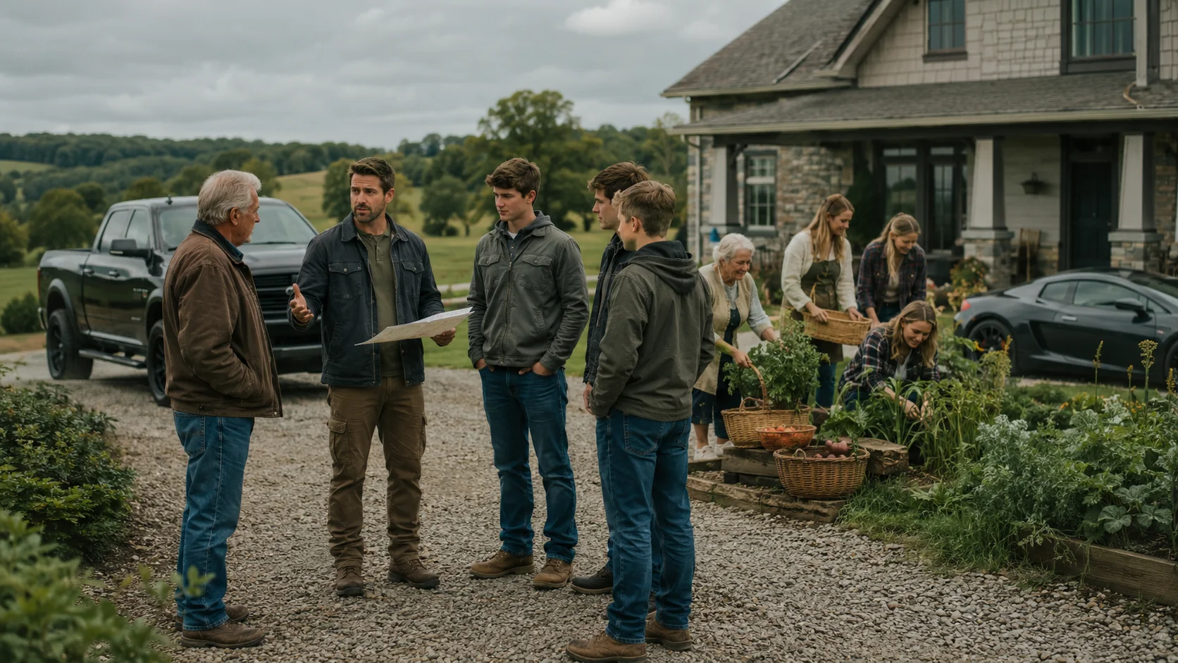 A multigenerational family gathered around a country house and garden