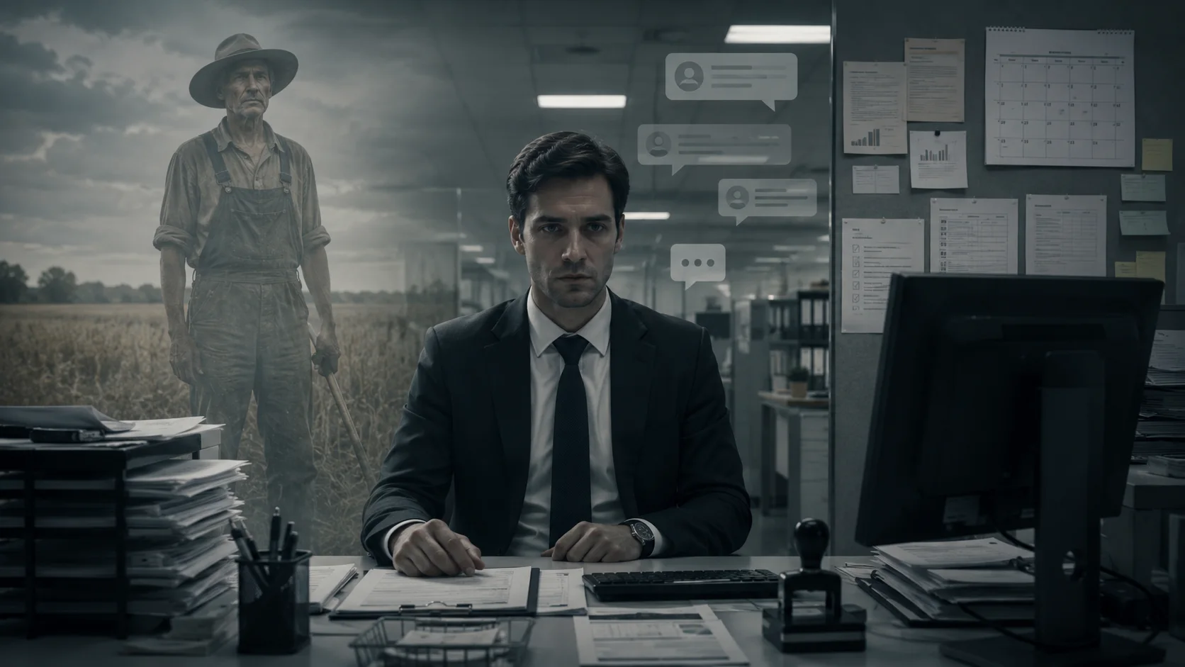 An office worker at a desk with a farmer in the field behind him