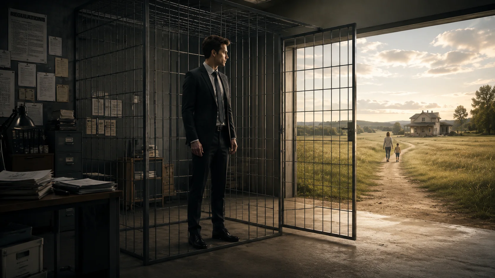A salaryman standing inside an open cage while a field and family wait outside