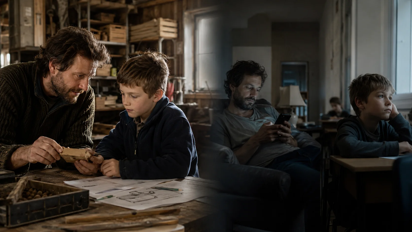 A father teaching his son practical craft contrasted with a distracted father and isolated child