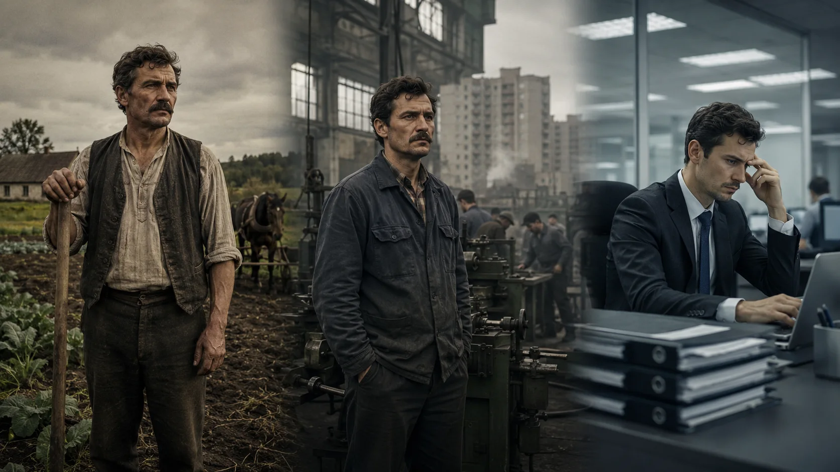 Three generations moving from field work to factory work to corporate office work