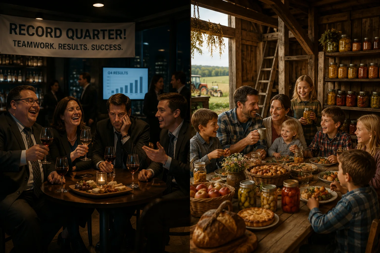 Corporate workers celebrating a record quarter contrasted with a large family sharing food in a farm house