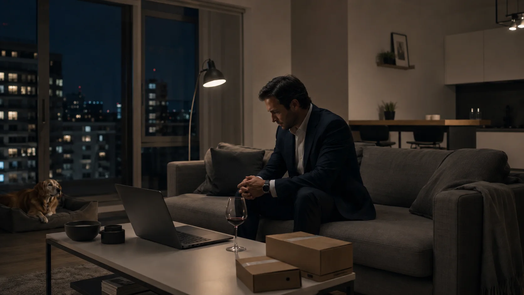 A solitary professional in an apartment with a dog, laptop, and wine