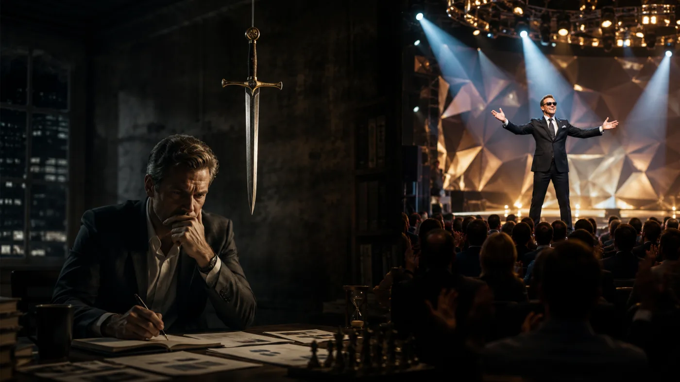 Businessman beneath a hanging sword