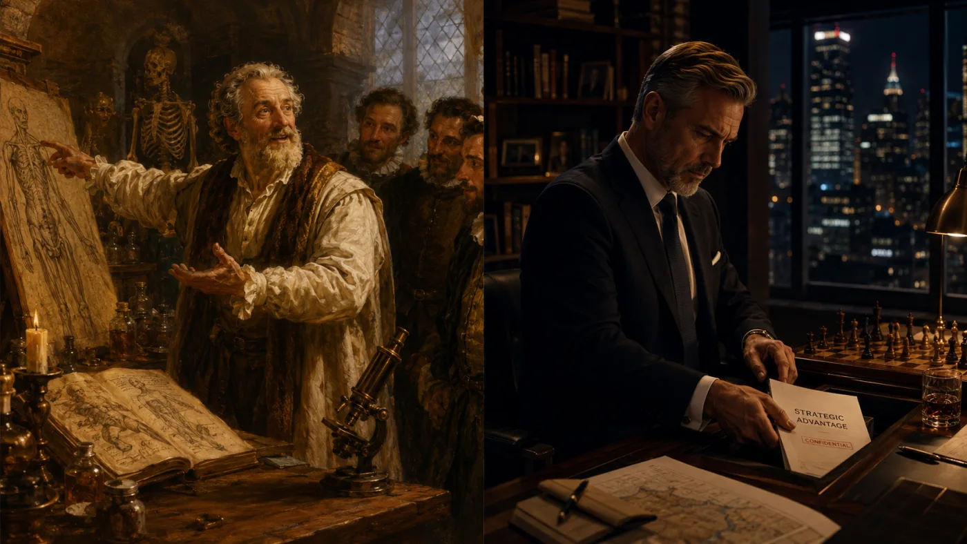 Doctor teaching publicly beside a businessman guarding private advantage