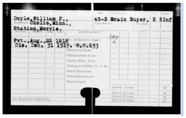 Adjutant General Military Service Record Card for William Doyle