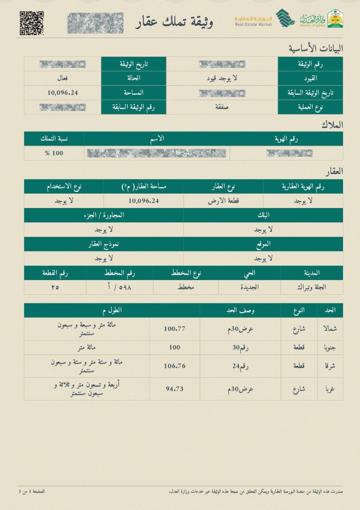 أرض زاوية زراعية في الجلة وتبراك بمساحة 10,096.24 متر مربع .. شارع 30م + شارع 30م