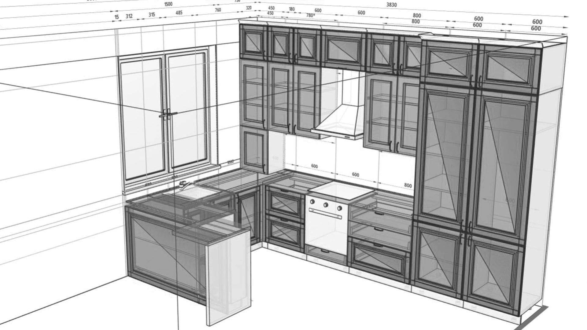 Чертеж кухни с размерами всех шкафов: изготовление мебели сво�ими руками