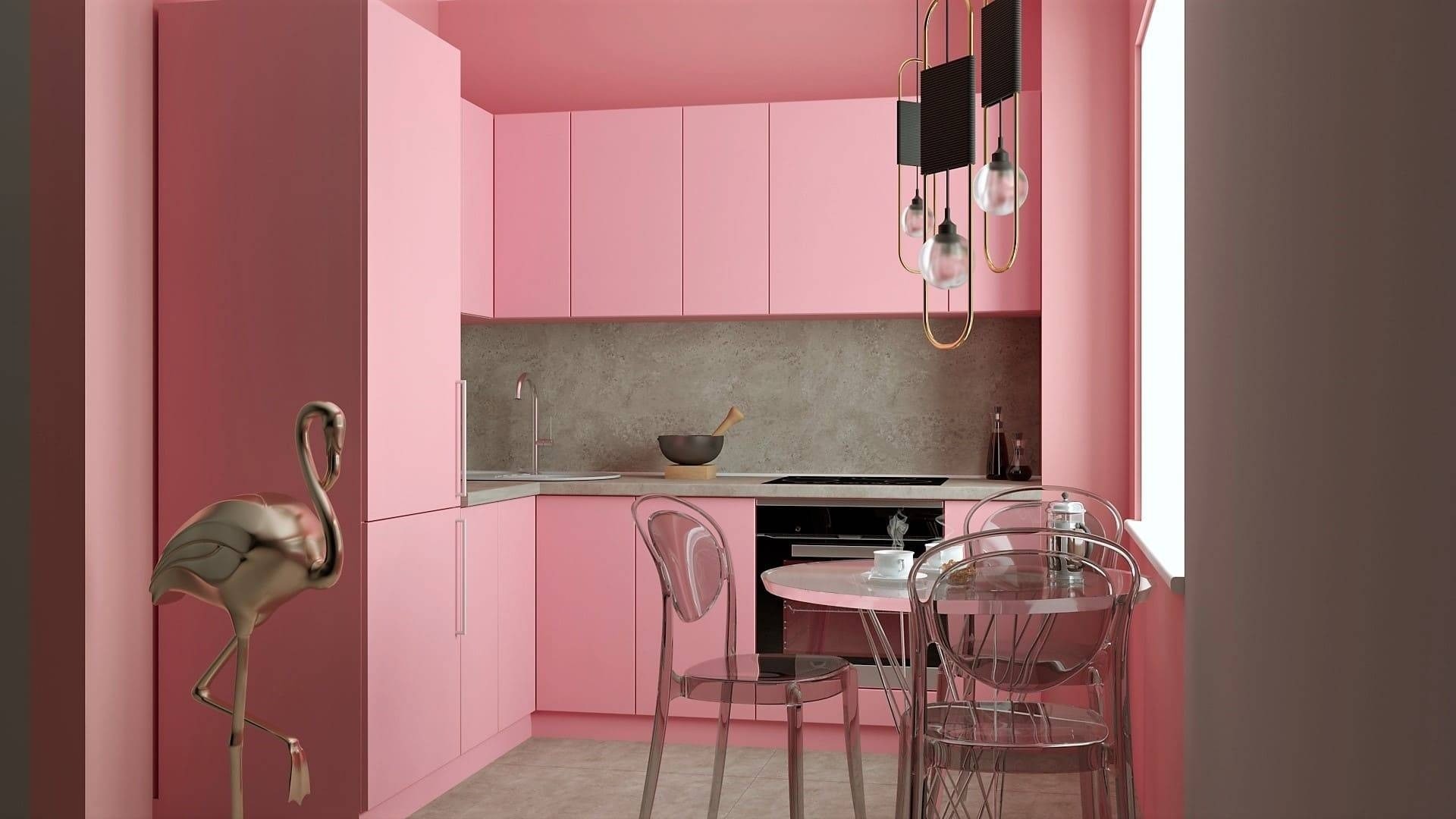 Розовый кухонный гарнитур в интерьере