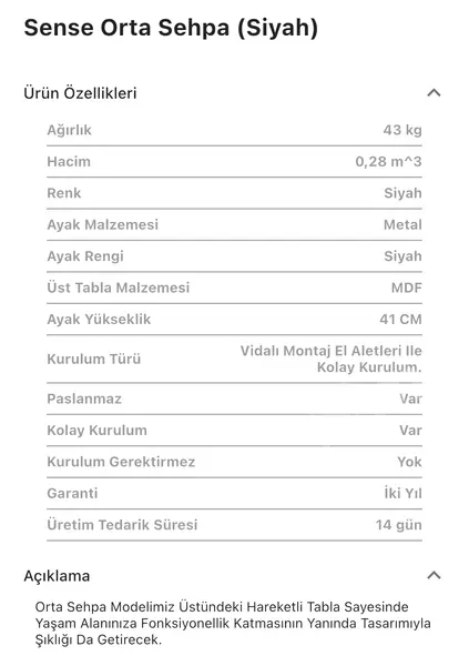 Sense Siyah Orta Sehpa