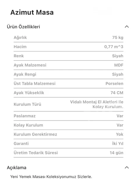 Azimut Porselen Dikdörtgen Masa (Sabit)