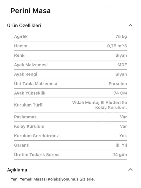 Perini Porselen Dikdörtgen Masa (Sabit)