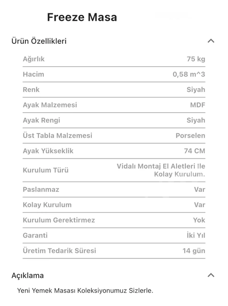 Freeze Buzdolaplı Porselen Dikdörtgen Masa (Sabit)