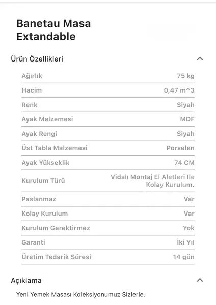 Banetau Porselen Kademeli Açılır Masa