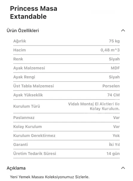 Princess Porselen Kademeli Açılır Masa