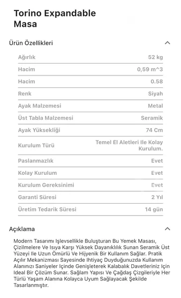 Torino Dikdörgen Seramik Kademeli Açılır Masa