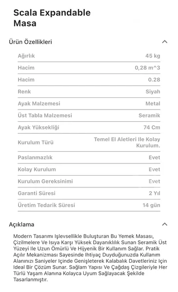 Scala Dikdörgen Seramik Kademeli Açılır Masa